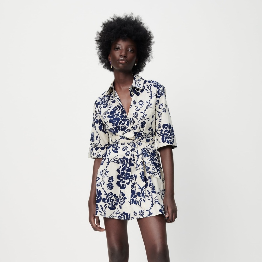 Zara Floral Print Lory Blue Tie Mini Dress